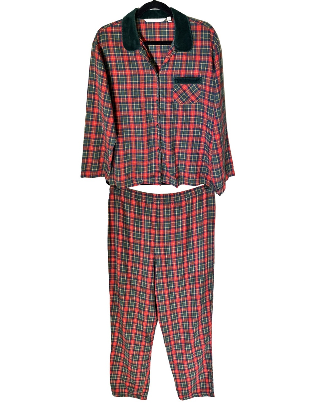 Vintage VS Country Plaid Flannel Pajama Set Velour Collar Size M Like New